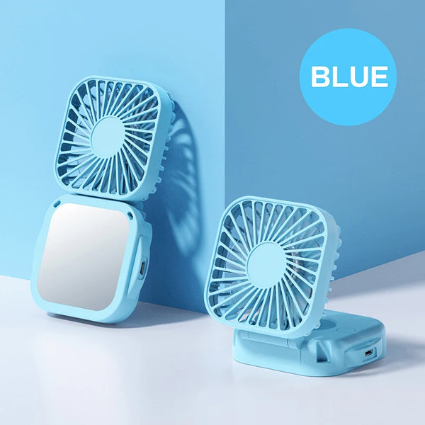 Faltbarer Mini-Nackenventilator Coolique MirrorFan | USB Wiederaufladbar | Mit Kosmetikspiegel | 3-Stufen | Leise & Tragbar