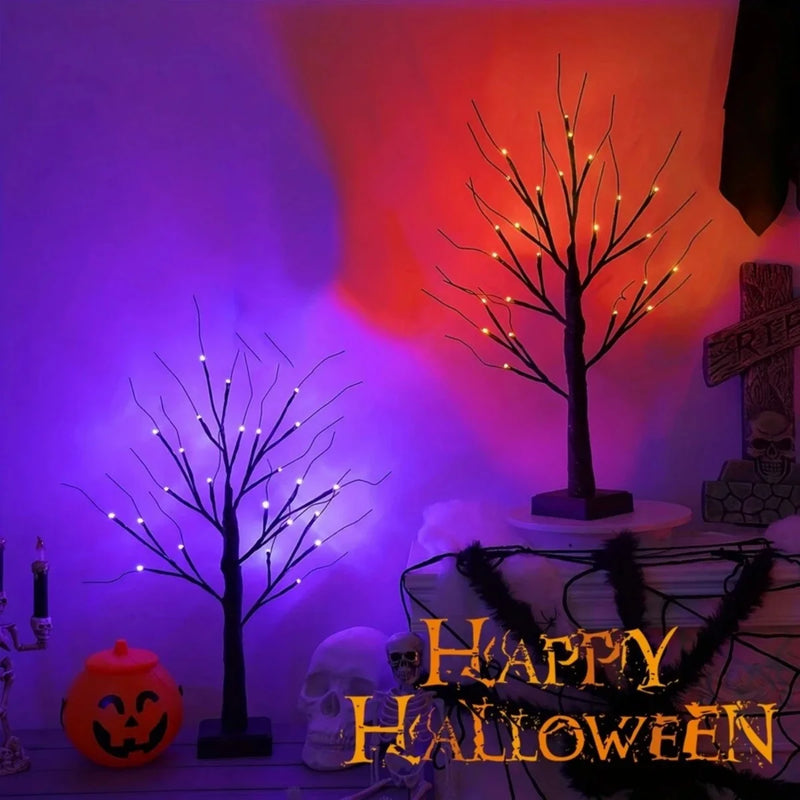 Halloween-Baum SpookyBirch | 24 LED Birkenbaum mit Schwarzästen | Orange & Lila Licht | Tischdeko für Halloween