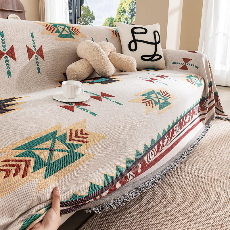 Loomora Boho Sofaüberwurf | Wende-Decke mit geometrischem Muster | Weich & Atmungsaktiv | Baumwoll-Mix mit Fransen