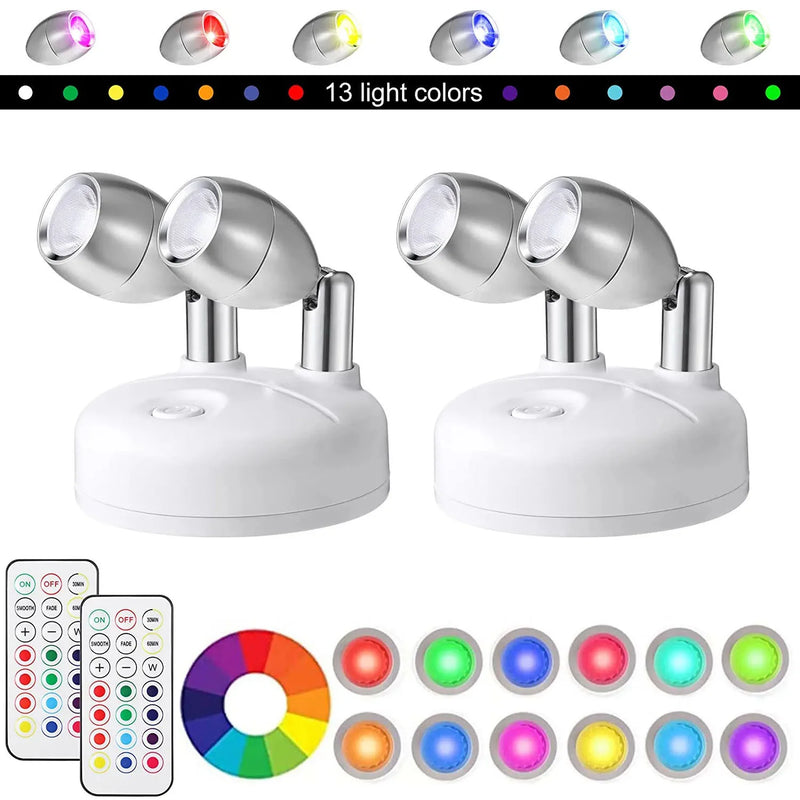 LumiFlex Spotlights | 2er Set Kabellose LED Spotlights mit Fernbedienung | RGB Farbwechsel & Timer | Drehbar für Bilder, Schränke & Wände