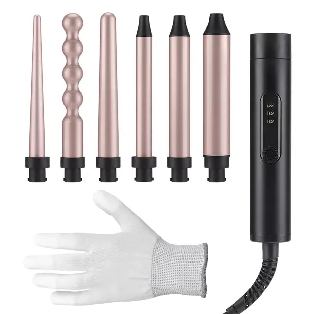 Lockenstab-Set CURVÉA | 6-in-1 Aufsätze | 3 Temperaturstufen | Reisetauglich & Schnellaufheizend | Schwarz-Roségold
