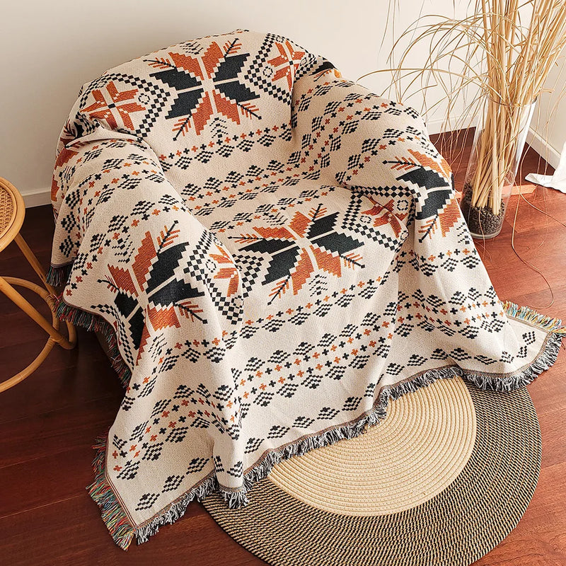 AztecaLoom Boho Decke | XXL Azteken-Plaid mit Fransen | Südwestlicher Ethno-Stil | Vintage Wohndecke aus Baumwollmischung
