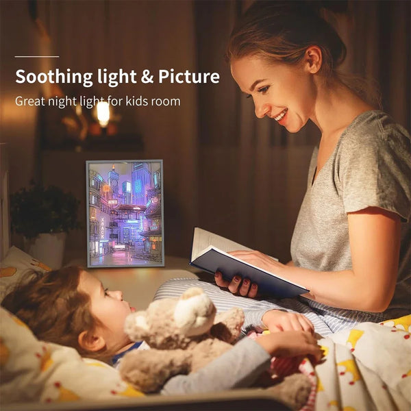 LumiArt | LED Wandbild Lampe | Romantische Stadt-Nachtansicht | 3 Lichtfarben dimmbar | USB | Blendenfreier Rahmen