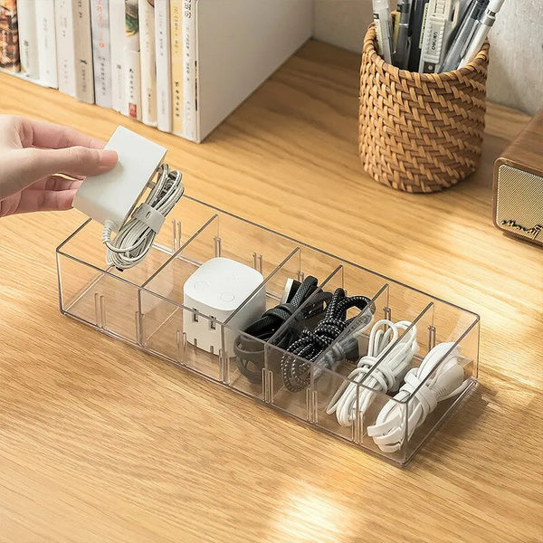 Kabelorganizer ClearGrid 7+ | 7-Fach Ladebox für Ladekabel & Netzteile | Transparentes Design | 26×5,5×11 cm