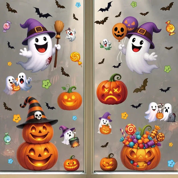 Fensteraufkleber SpookyPumpkins | Halloween Deko Sticker | Kürbis, Katze & Geist | Wiederverwendbar & statisch haftend