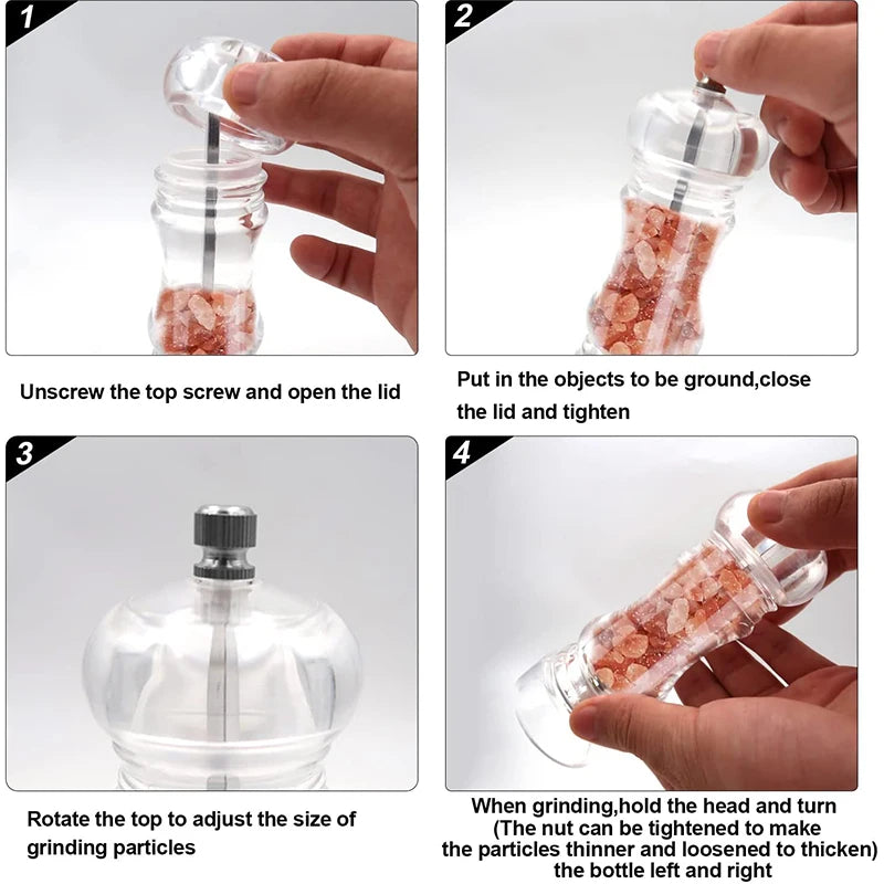 Klaroma SpiceMill Transparente Gewürzmühle aus Acryl | Einstellbarer Mahlgrad & Nachfüllbar | Für Salz & Pfeffer