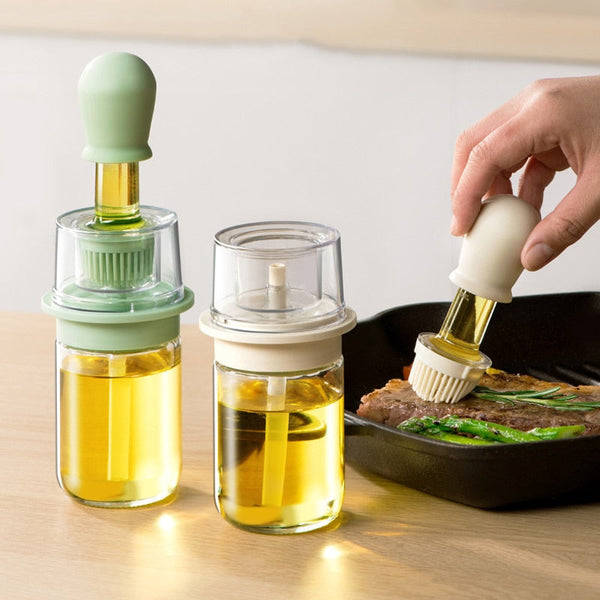 Ölspender OLIVENTA | 2-in-1 Spray & Silikonpinsel | 100 ml | Glas & Silikon | Für Kochen, Backen & Grillen