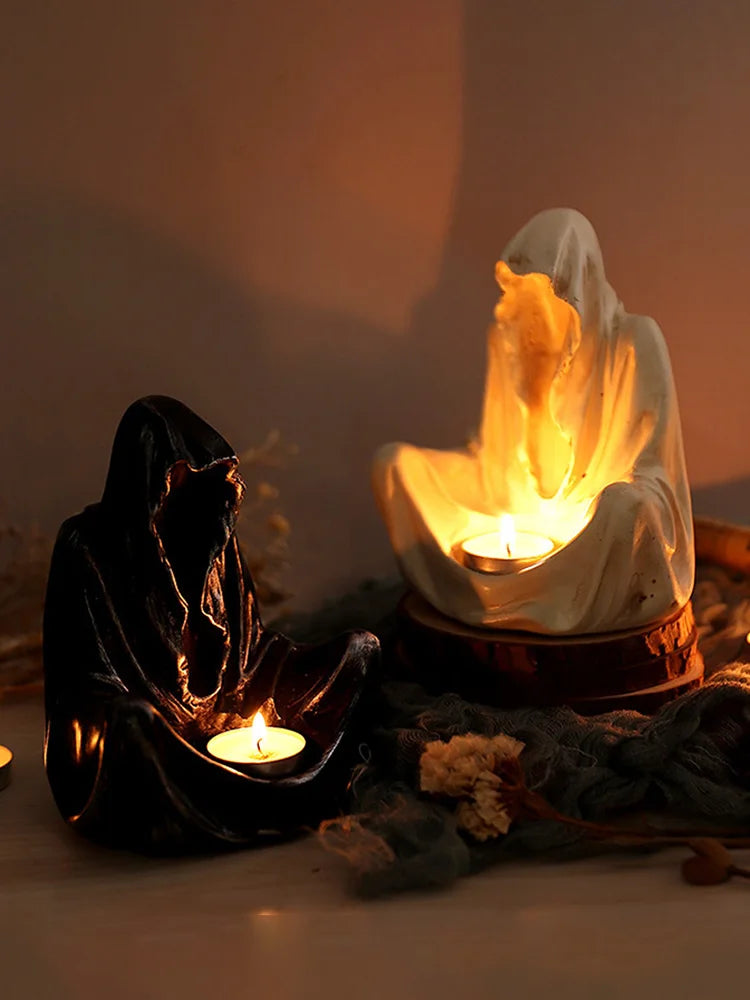 Noctura Geister-Teelichthalter | Halloween Deko & Kerzenständer | Harzfigur Faceless Ghost | 15×12×10,5 cm