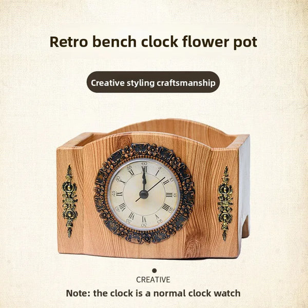 TimeBloom | Vintage Tischuhr mit Blumentopf | Kreatives Deko-Element aus Harz | Antik-Stil für Wohnzimmer
