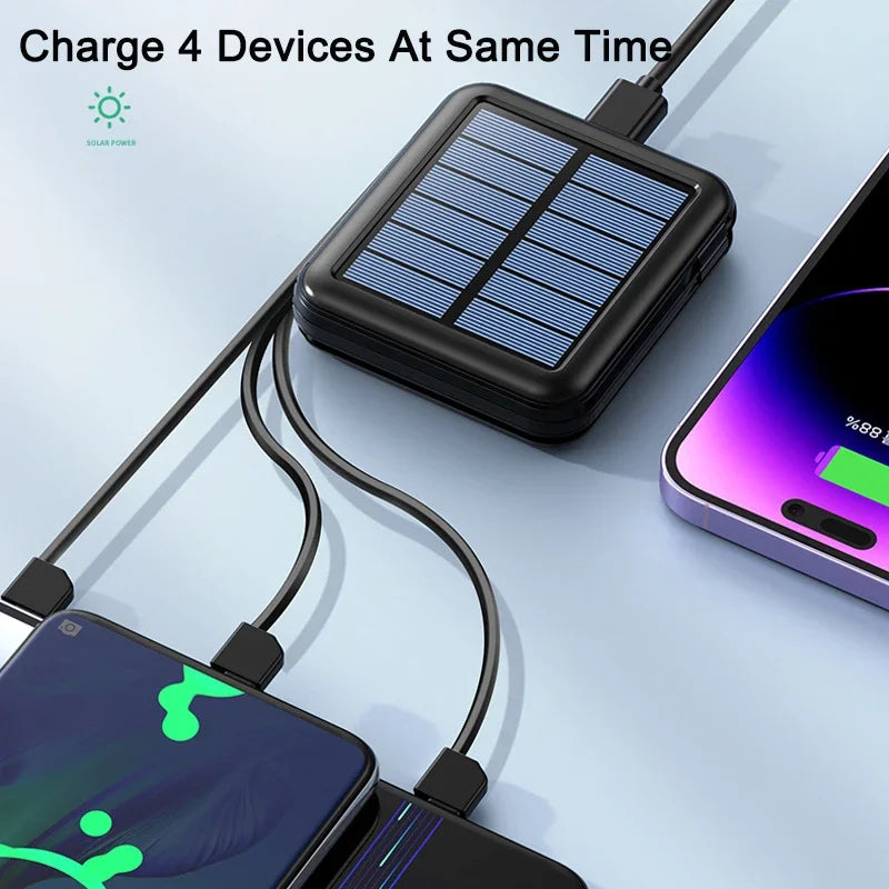 Solar Powerbank ENERIVIA Mini 20000mAh | Integrierte Kabel | Solarladung & LED-Licht | 4 Ausgänge & 3 Eingänge | Schnellladefunktion