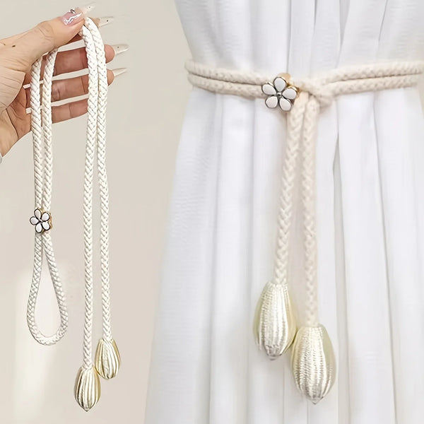 Floravia Vorhanghalter 2er-Set | Verstellbar ohne Bohren | Mit Blumen-Schnalle | Elegantes Wohnaccessoire