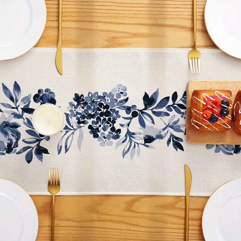 BloomLoom | Boho Tischläufer | Leinen mit blauen Blumen | 150–200 × 33 cm