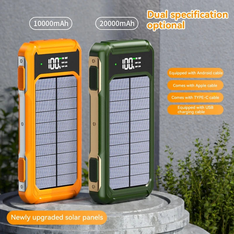 Solar Powerbank Voltora 200K | 200.000mAh | 4-in-1 Kabel | Schnellladung & Notfall-LED | Für iPhone & Samsung