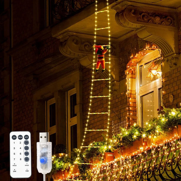 Winterlicht | LED-Weihnachtsdeko | Kletternder Weihnachtsmann mit Leiter | 1,5 m / 3 m | 8 Leuchtmodi | USB