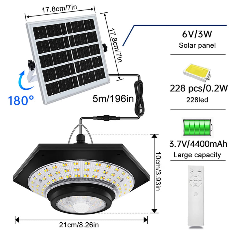 SolarHalo | 228 LED Solar Deckenlampe | 360° Lichtwinkel | Mit Fernbedienung & Bewegungsmelder | 4400mAh Akku