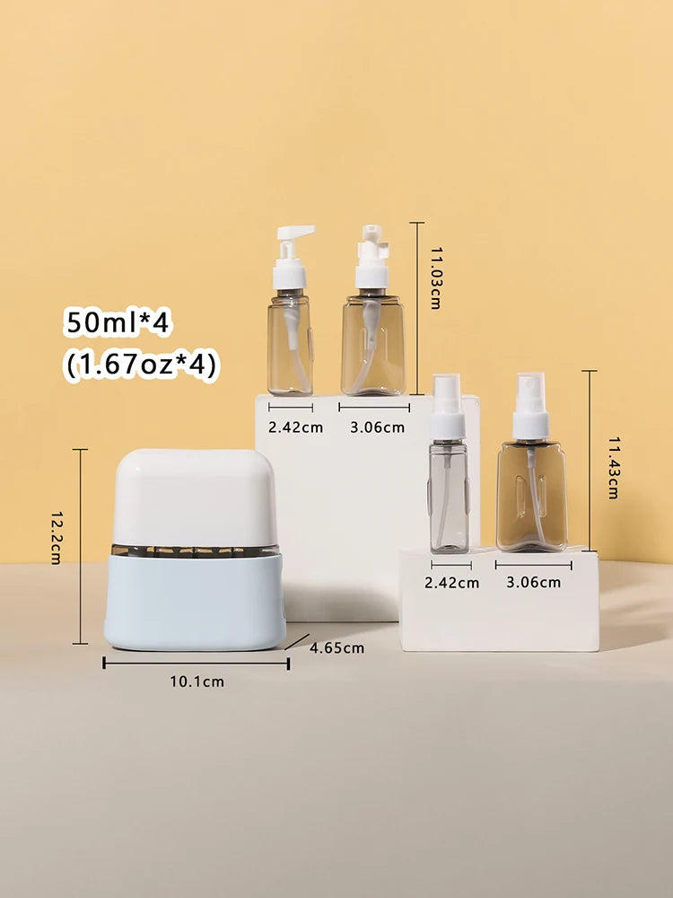 TravelEase 4-in-1 Reiseflaschen Set | Nachfüllbare 50 ml Spender & Sprühflaschen | Auslaufsicher & TSA-konform | Für Shampoo, Lotion, Desinfektion