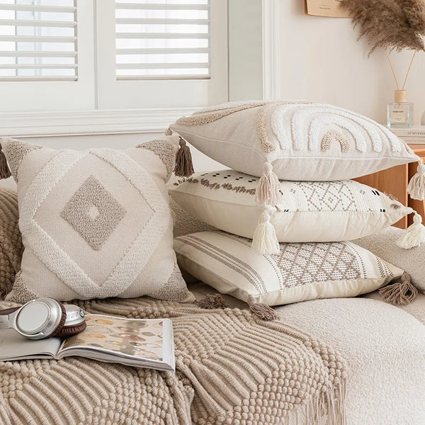 BohoLoom Kissenhülle | 45x45 cm | Baumwoll-Mix mit Quasten | Versteckter Reißverschluss