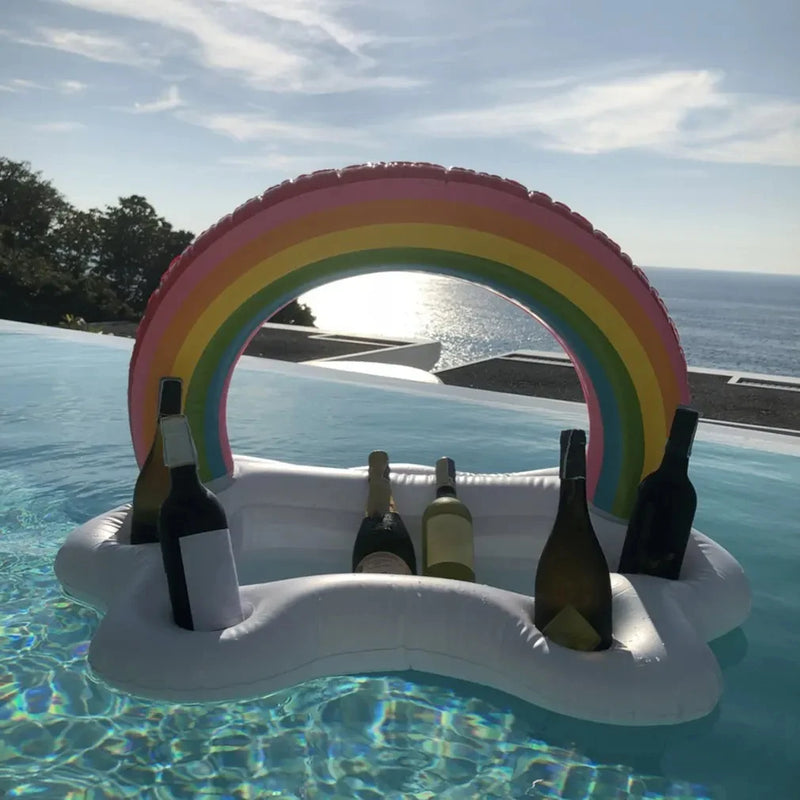 Poolonia Aufblasbarer Schwimmtisch Regenbogen & Wolken | Poolbar mit Getränkehalter & Eisfach | Luftmatratze für Poolparty & Sommer