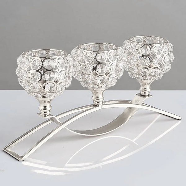 CristaLuce Kerzenhalter | 3 Kristallkelche | Modernes Bogen-Design | Metall & Glas | 33×9×15,5 cm