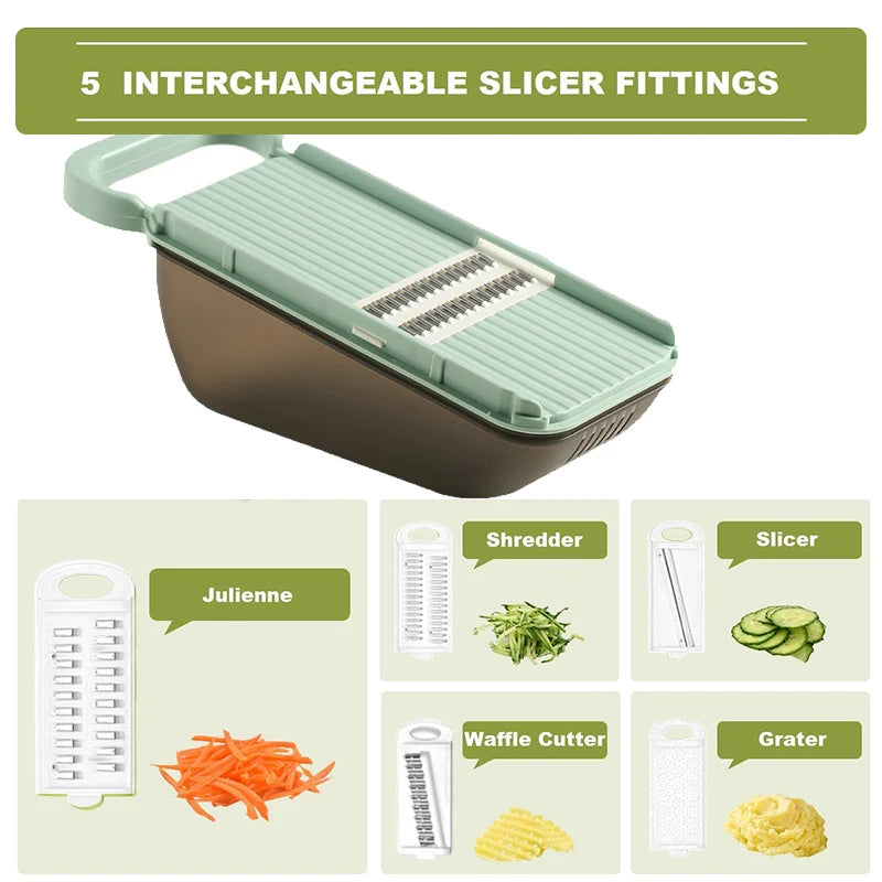SchnippelMeister Gemüseschneider 5-in-1 | Multischneider mit Auffangbehälter | Reibe, Hobel & Dicer | BPA-frei & Spülmaschinenfest | 27×11×10 cm