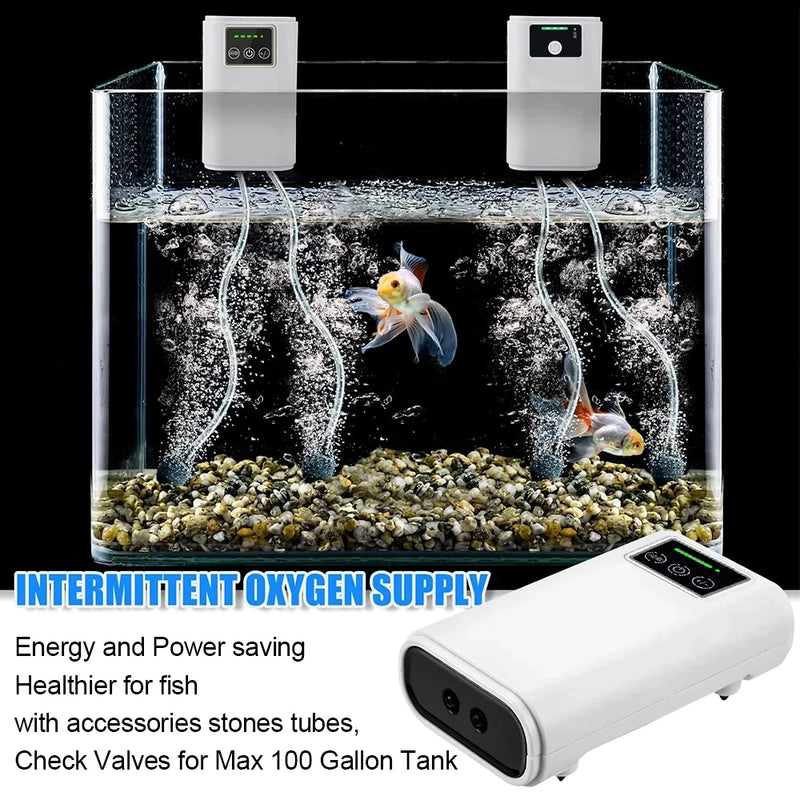 AquaLino SmartOxy Wiederaufladbare Sauerstoffpumpe für Aquarium & Outdoor | Leise Luftpumpe mit Akku & USB | Automatischer AC/DC-Wechsel & LED-Anzeige