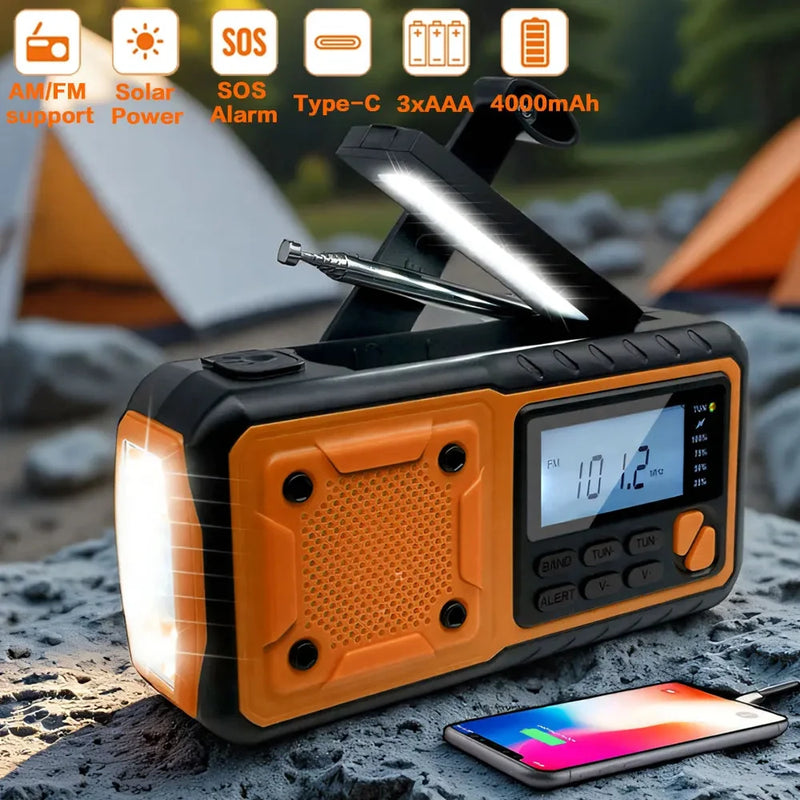 Notfallradio ResQWave Solar 4000 | 4-in-1 Stromversorgung | 4000 mAh Akku, Solar, Handkurbel & USB-C | SOS-Alarm, LED-Licht & Powerbank