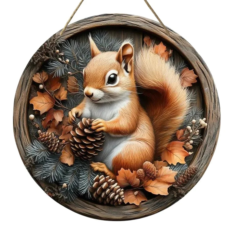 Holzschild AutumnTail | Rundes Willkommensschild mit Eichhörnchen-Motiv | 20–30 cm | Handgefertigte Herbst- & Winterdeko
