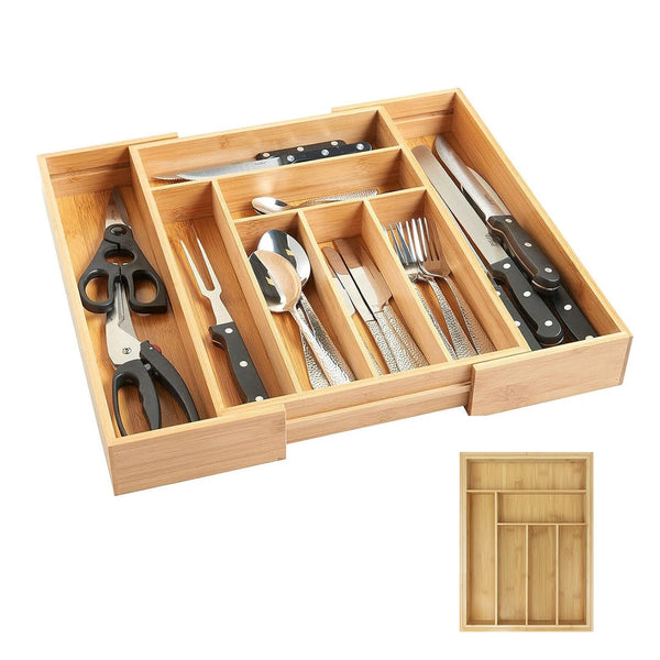 Bambusio Besteckkasten aus Bambus | Ausziehbar 32–52 cm | 6–8 Fächer | Nachhaltiger Schubladeneinsatz für Küche, Bad & Büro