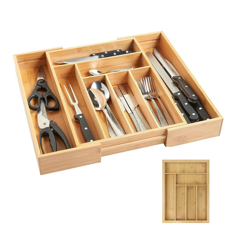Bambusio Besteckkasten aus Bambus | Ausziehbar 32–52 cm | 6–8 Fächer | Nachhaltiger Schubladeneinsatz für Küche, Bad & Büro
