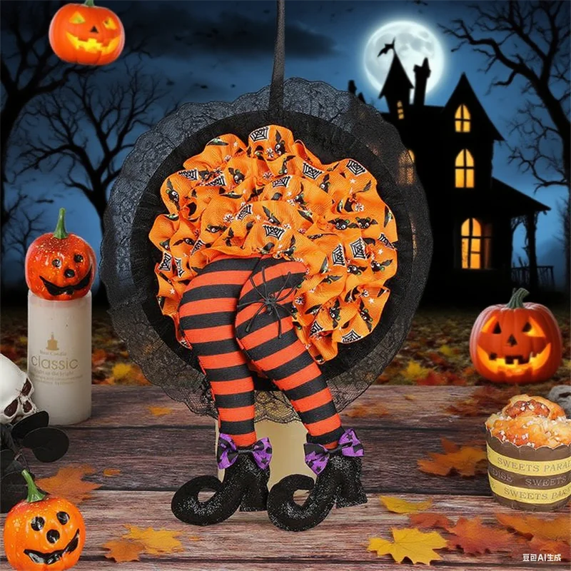 HexaDoor | Halloween Türkranz | Hexenhut & Beine | Lila-Orange | Partydeko