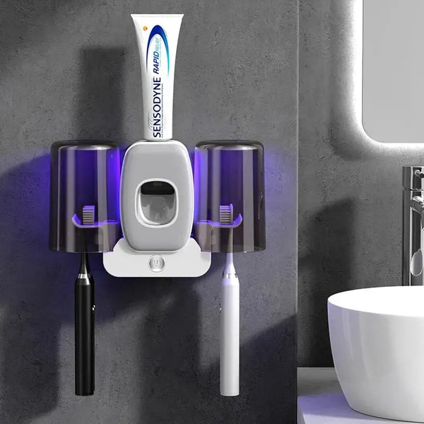 UV Zahnbürstenhalter PureBrush UV | Sterilisation mit UV-Licht | Automatischer Zahnpastaspender | Wandmontage ohne Bohren