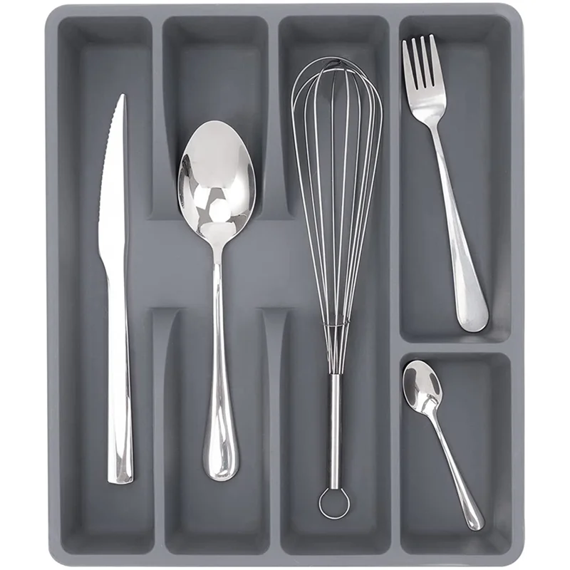 Besteckkasten OrdiFlex | Kompakter Organizer mit 5 Fächern | Rutschfest & Vielseitig einsetzbar | 30 × 20 × 4 cm Grau
