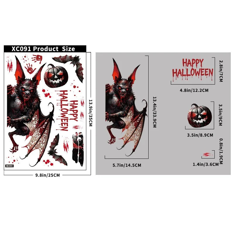 Fensteraufkleber HorrorPumpkins | Halloween Sticker Set | Kürbis, Schädel, Blut-Handabdrücke & Fledermäuse | Wiederverwendbar