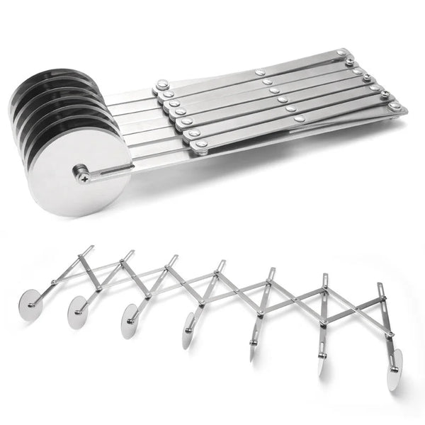 SlicePro™ Edelstahl Teigschneider | Faltbar & Verstellbar | 3–7 Räder | Perfekte Portionierung für Pizza, Gebäck & Pasta