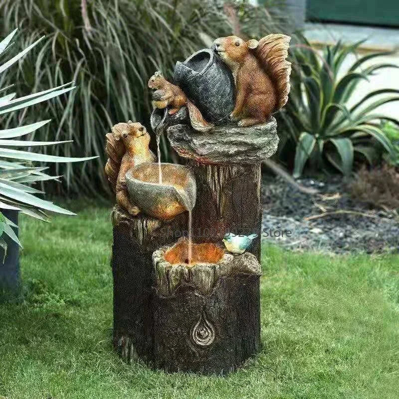Lunaverde Solar Deko Brunnen Ente & Eichhörnchen | Gartenfigur mit LED-Licht | Wetterfestes Kunstharz | Für Terrasse & Balkon