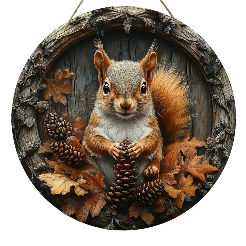 Holzschild AutumnTail | Rundes Willkommensschild mit Eichhörnchen-Motiv | 20–30 cm | Handgefertigte Herbst- & Winterdeko