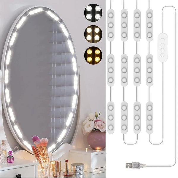 GlamAura Schminkspiegel LED-Licht | 3 Farbmodi & 10 Helligkeitsstufen | 60 LEDs | Selbstklebend & Dimmbar