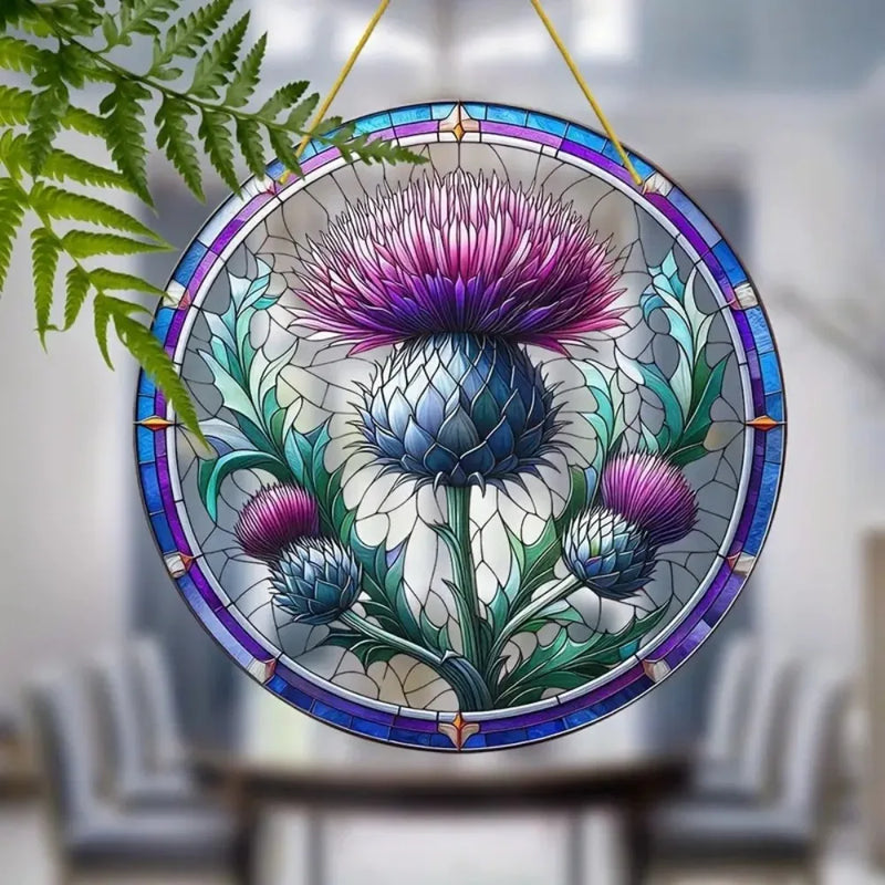 Suncatcher ThistleLight | Rundes Acryl-Fensterbild mit Distel-Motiv | 15–20 cm | Handbemalt & Lichtdurchlässig