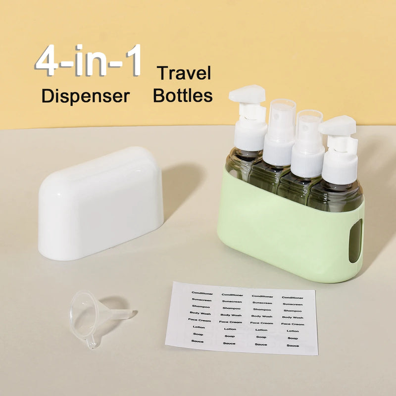 TravelEase 4-in-1 Reiseflaschen Set | Nachfüllbare 50 ml Spender & Sprühflaschen | Auslaufsicher & TSA-konform | Für Shampoo, Lotion, Desinfektion