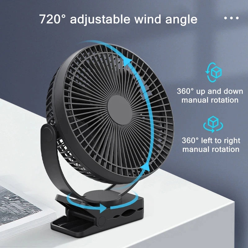 ClipVent Pro | 360° USB-Tischventilator mit Clip | 10000mAh Akku | Flüsterleise & Tragbar