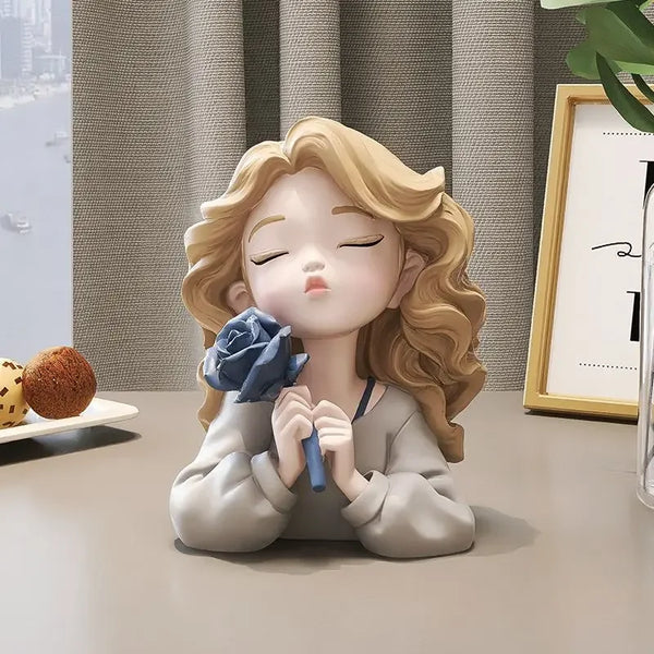 Florina Grace | Dekorative Figur Mädchen mit Blume | Harzstatue | Elegante Wohnaccessoire & Geschenkidee