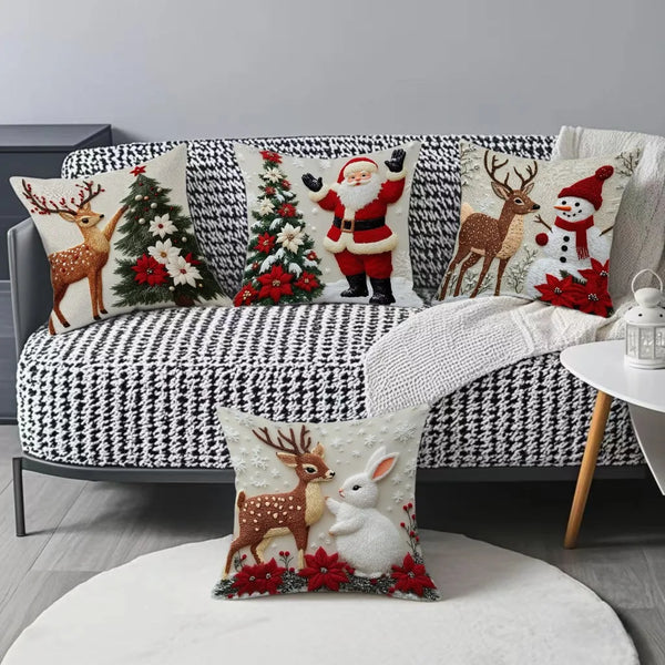 Jolivine | Weihnachtlicher Kissenbezug 45×45 cm | Rentier, Schneemann & Weihnachtsmann | Kuschelig & Waschbar | Deko für Sofa & Bett