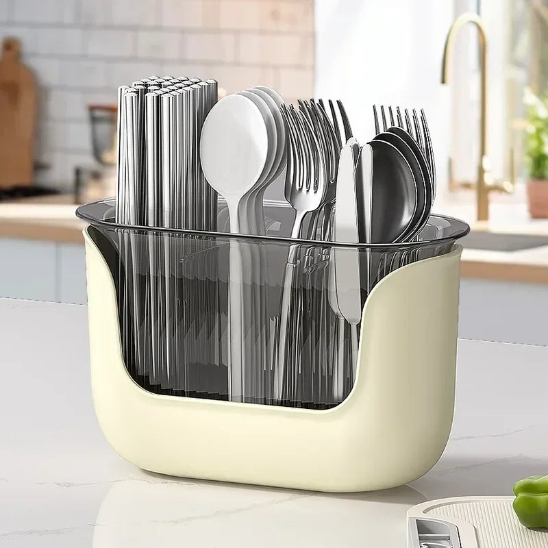 OrgaDish Besteckhalter mit Abtropfschale | 3 Fächer | Küchen-Organizer für Stäbchen & Besteck