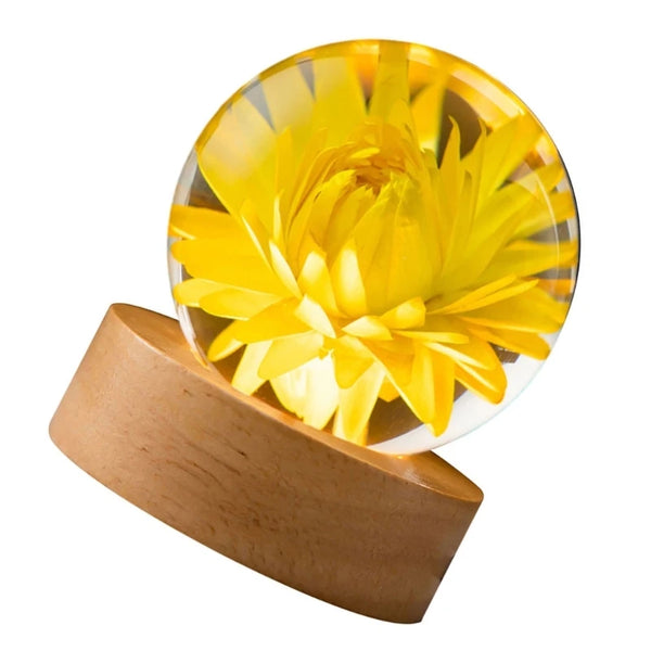 Kristallkugel Lampe | Mit Blumenmuster | Warmes Stimmungslicht & Deko | Resin & Holz | 6 cm