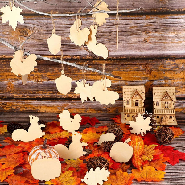 WoodlyFall Kürbis & Blätter Anhänger | 6er-Set | Holz Basteldeko | Zum Bemalen & Aufhängen | Herbst & Thanksgiving