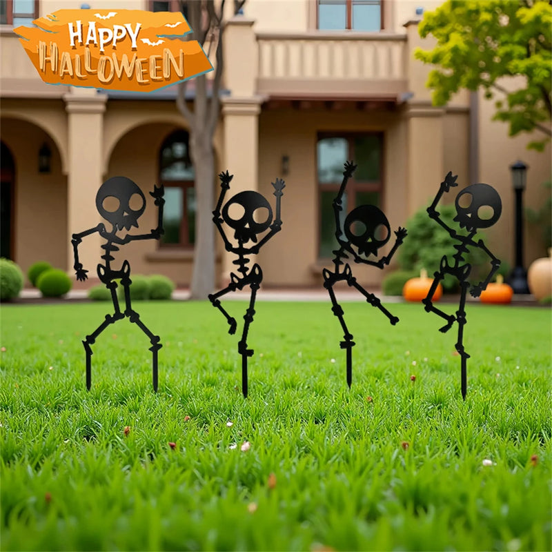 SpookySteps Gartendeko | Tanzende Skelette | Wetterfestes Metall | 4er-Set | Halloween Outdoor Dekoration