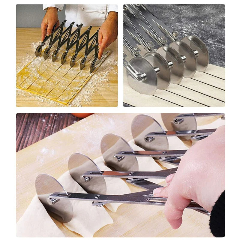SlicePro™ Edelstahl Teigschneider | Faltbar & Verstellbar | 3–7 Räder | Perfekte Portionierung für Pizza, Gebäck & Pasta