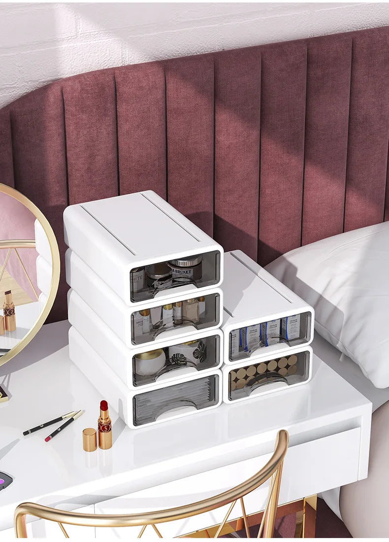 ClaryBox Aufbewahrungsbox mit Schublade | Stapelbar & Staubdicht | Für Büro, Kosmetik, Schmuck & Medizin | Weiß | Größe S/L