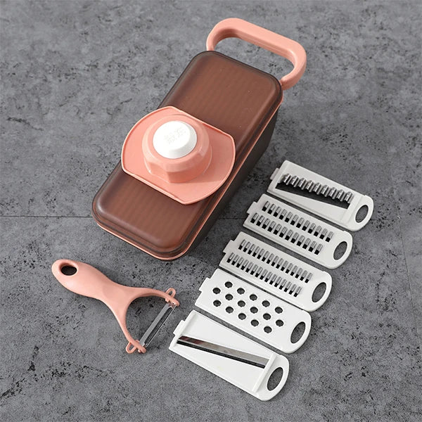 SchnippelMeister Gemüseschneider 5-in-1 | Multischneider mit Auffangbehälter | Reibe, Hobel & Dicer | BPA-frei & Spülmaschinenfest | 27×11×10 cm