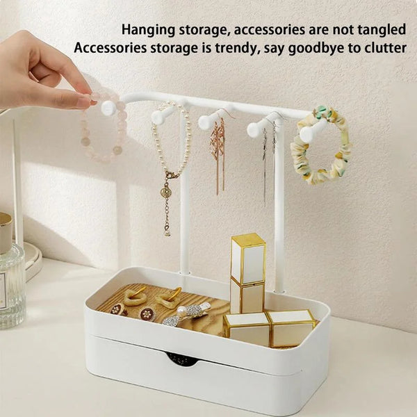 Eleganzia | Schmuck-Organizer mit Holzablage | Schmuckständer für Ohrringe, Armbänder, Halsketten & Ringe | 23 × 10,2 × 21,1 cm